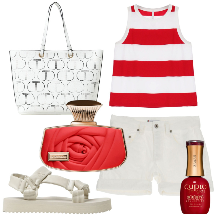 Outfit donna - Marinara. Stile Basic per Tutti i giorni. Abbinamento con profumi, smalti, shorts, top, sandali in pelle, borse tote.