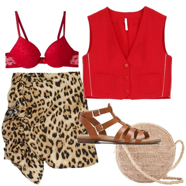 Outfit donna - Rosso e animalier. Stile Boho per Mare. Abbinamento con borse a tracolla, sandali, reggiseni push-up, gilet, minigonne.
