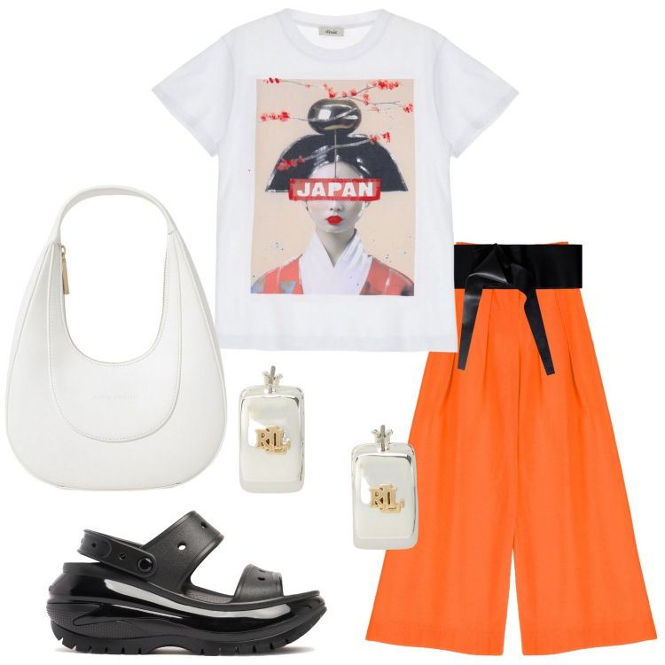 Outfit donna - Japan style. Stile Basic per Tutti i giorni. look ideale per Petite. Abbinamento con cinture, orecchini, pantaloni a palazzo, t-shirt, sandali, borse a spalla.