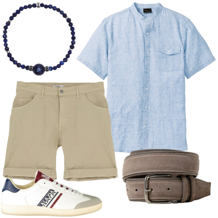 Outfit uomo - Estate in bermuda. Stile Casual per Mare. Abbinamento con camicie a manica corta, braccialetti, shorts, cinture, sneakers.