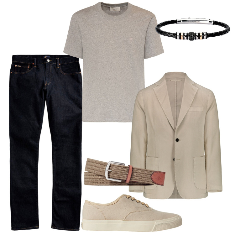 Outfit uomo - Aperitivo in chiaro e scuro. Stile Casual per Tutti i giorni. Abbinamento con braccialetti, sneakers, jeans, cinture, giacche, t-shirt.