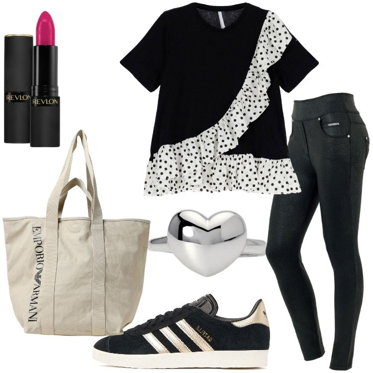Outfit donna - T-shirt con volant a pois. Stile Casual chic per Tutti i giorni. Abbinamento con rossetti, anelli, t-shirt, jeans skinny, sneakers, borse tote.