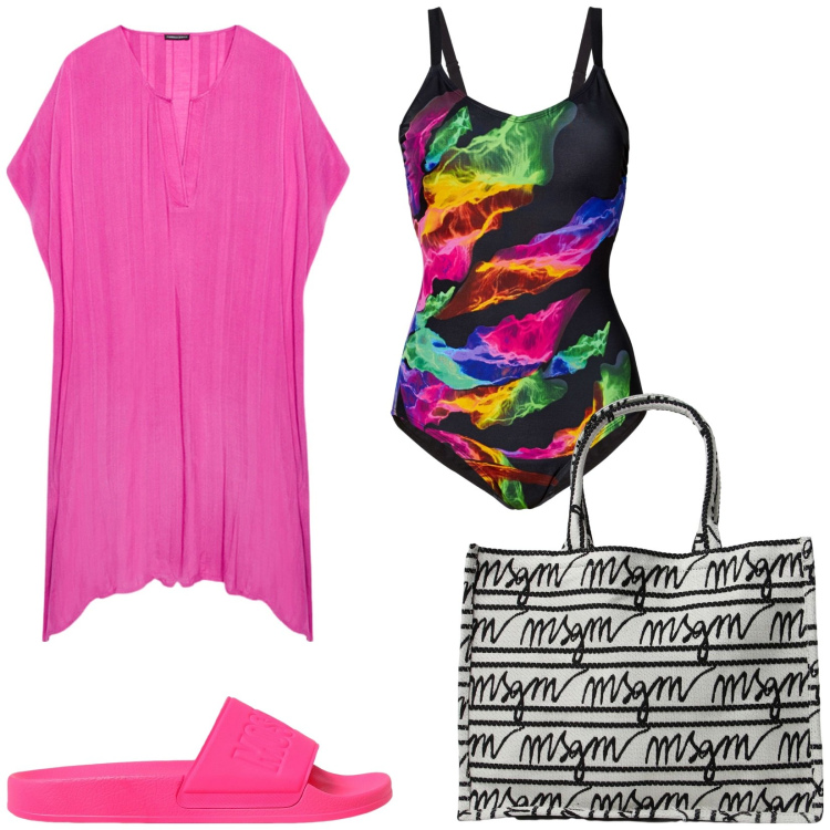 Outfit donna - In spiaggia con stile. Stile Trendy per Mare. Abbinamento con costumi interi, caftani, ciabatte, borse tote.