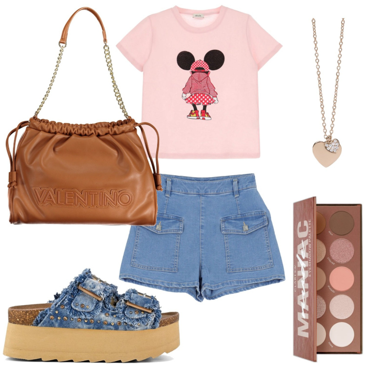 Outfit donna - T-shirt Minnie Mouse. Stile Casual per Tutti i giorni. look ideale per Petite. Abbinamento con ombretti, ciondoli, shorts, t-shirt, zeppe, borse a spalla.