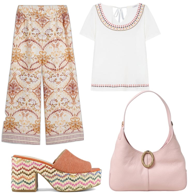Outfit donna - Boho chic. Stile Boho per Serata fuori. Abbinamento con pantaloni a palazzo, t-shirt, sandali, borse a spalla.