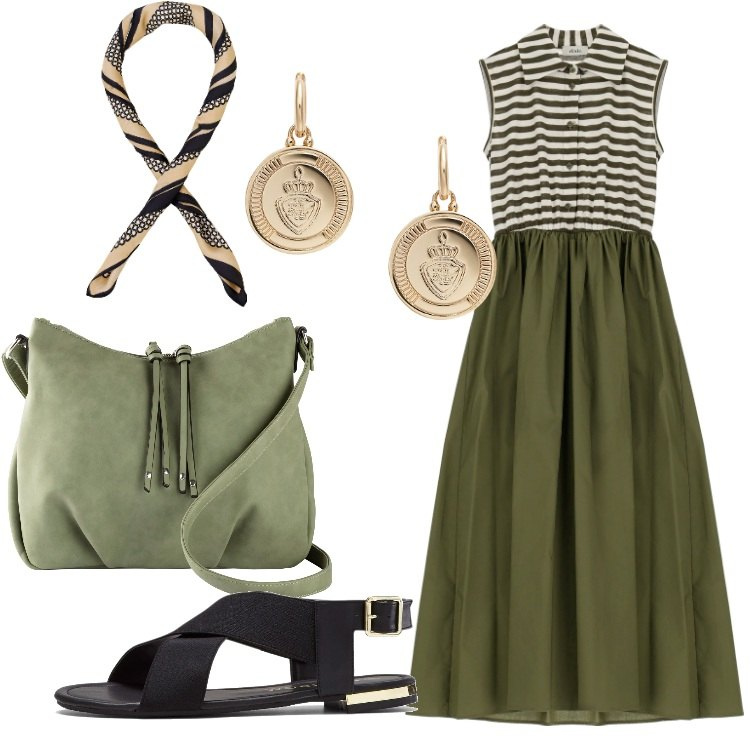 Outfit donna - Semplice ma carina. Stile Basic per Tutti i giorni. Abbinamento con sandali, borse a tracolla, foulard, vestiti midi/longuette, orecchini.