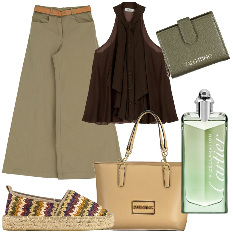 Outfit donna - Estate casual chic. Stile Casual chic per Tutti i giorni. Abbinamento con profumi, pantaloni a palazzo, top, portafogli, espadrillas, borse a spalla.