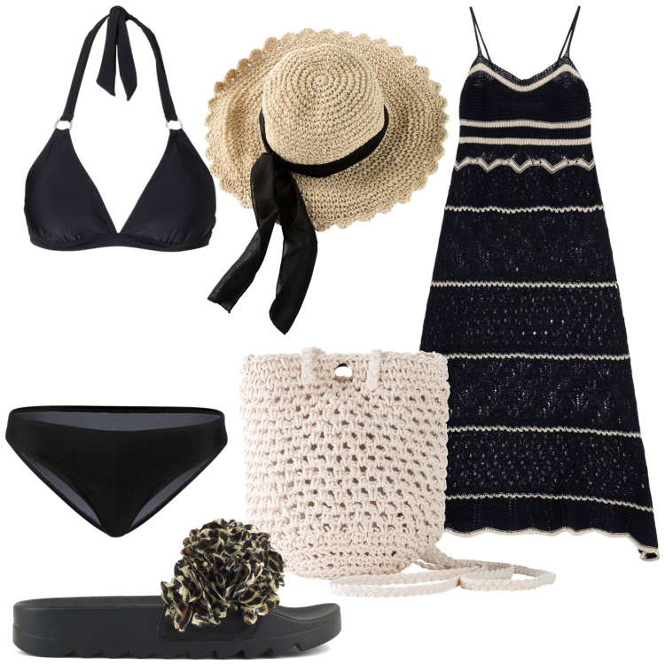Outfit donna - Total look #1932977. Stile Casual chic per Mare. Abbinamento con cappelli, borse a tracolla, bikini, vestiti lunghi, ciabatte.