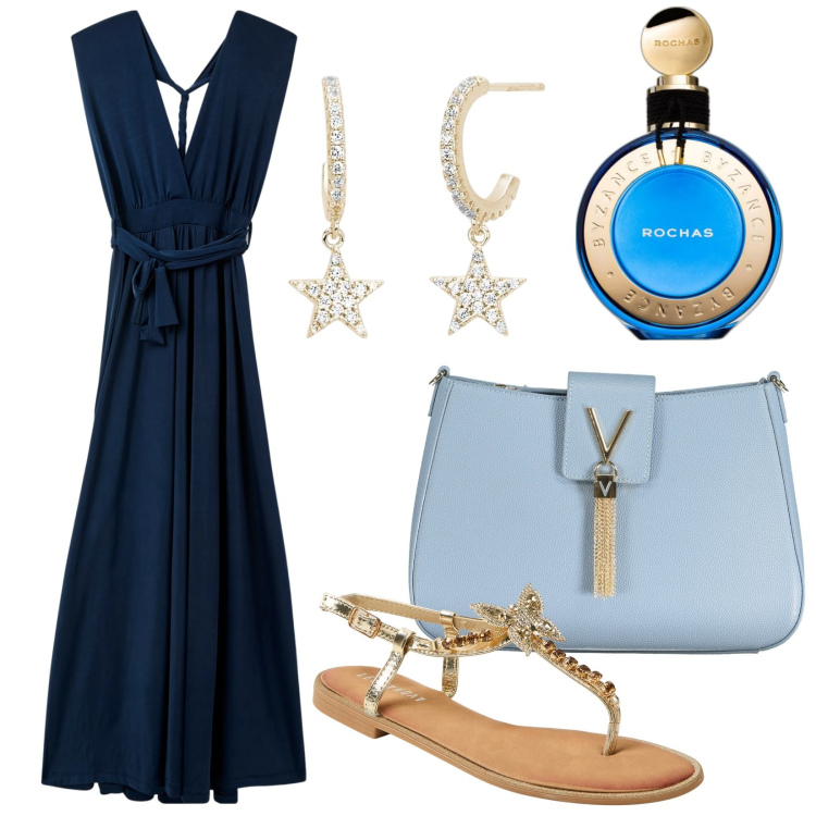 Outfit donna - Total look #1932980. Stile Chic per Serata fuori. Abbinamento con profumi, vestiti lunghi, sandali gioiello, orecchini, borse a spalla.
