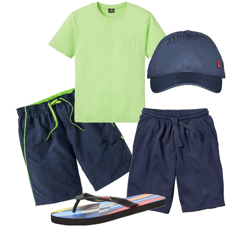 Outfit uomo - Una gita al mare. Stile Casual per Mare. Abbinamento con bermuda, costumi, t-shirt, sandali, cappelli con visiera.