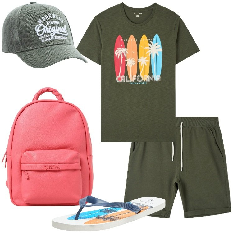 Outfit uomo - Modalità vacanza on!. Stile Casual per Mare. Abbinamento con t-shirt, sandali, shorts, cappelli, borse sportive.
