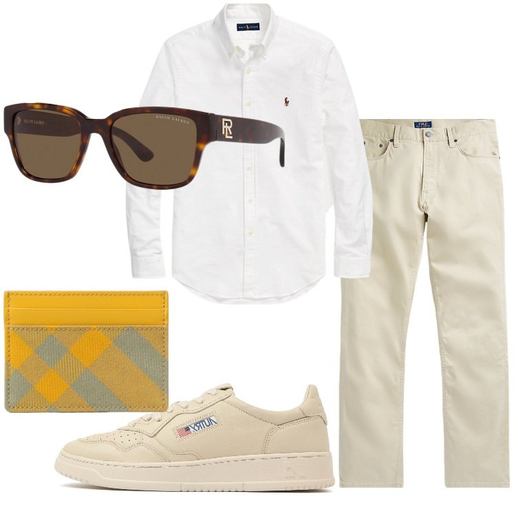 Outfit uomo - Aperitivo in centro. Stile Business/Elegante per Tutti i giorni. Abbinamento con occhiali da sole, camicie, pantaloni, portafogli, sneakers.