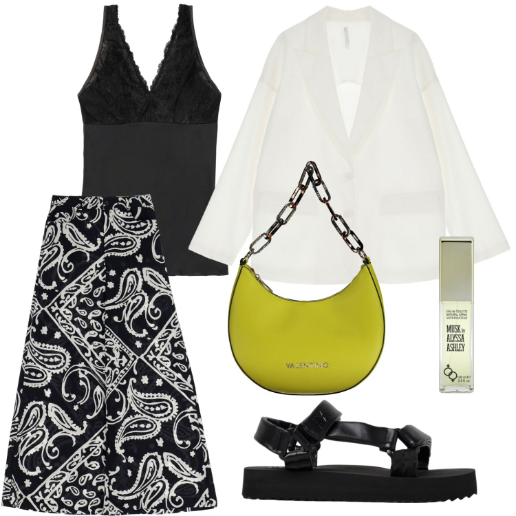 Outfit donna - Pantaloni con fantasia cashemire. Stile Basic per Tutti i giorni. look ideale per Petite. Abbinamento con top, profumi, blazer, pantaloni a palazzo, borse a spalla, sandali in pelle.