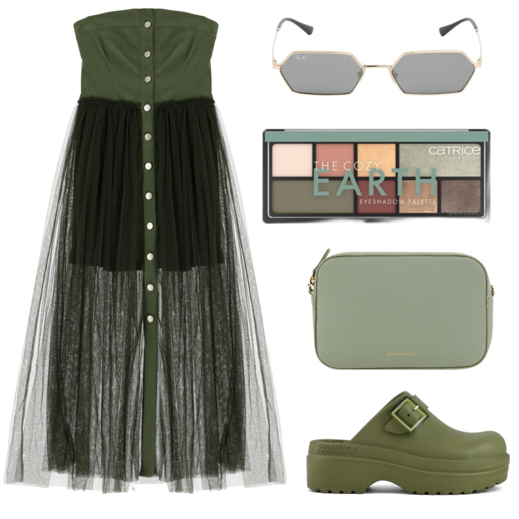 Outfit donna - I colori della natura. Stile Casual per Tutti i giorni. look ideale per Petite. Abbinamento con ombretti, vestiti lunghi, sandali, borse a tracolla, occhiali da sole.