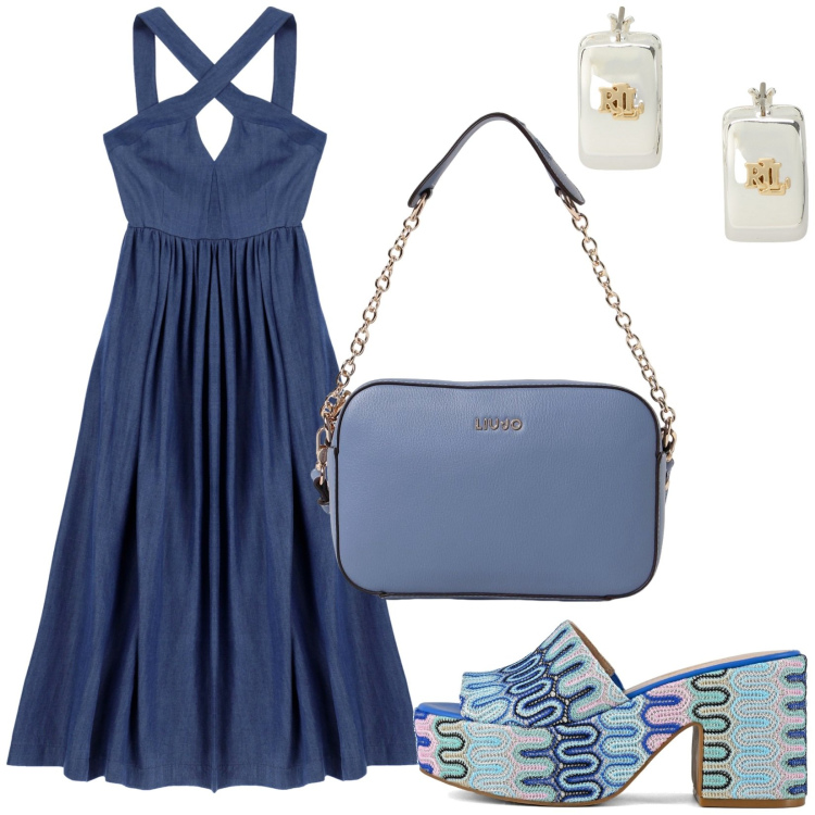 Outfit donna - Total look #1932999. Stile 70s per Tutti i giorni. Abbinamento con vestiti lunghi, orecchini, sabot, borse a tracolla.