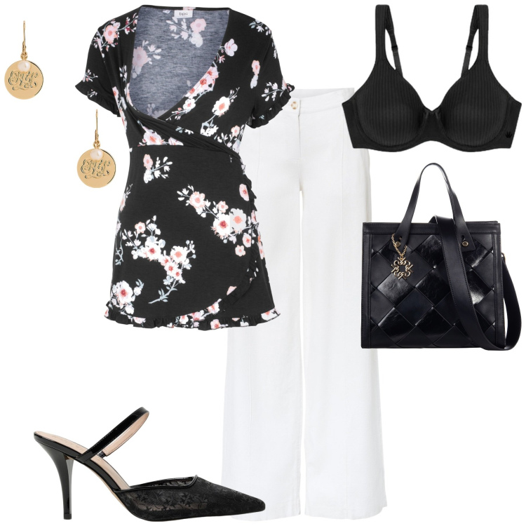Outfit donna - Curve pericolose. Stile Casual chic per Tutti i giorni. Abbinamento con tuniche, pantaloni a palazzo, borse a mano, orecchini, scarpe col tacco, reggiseni.