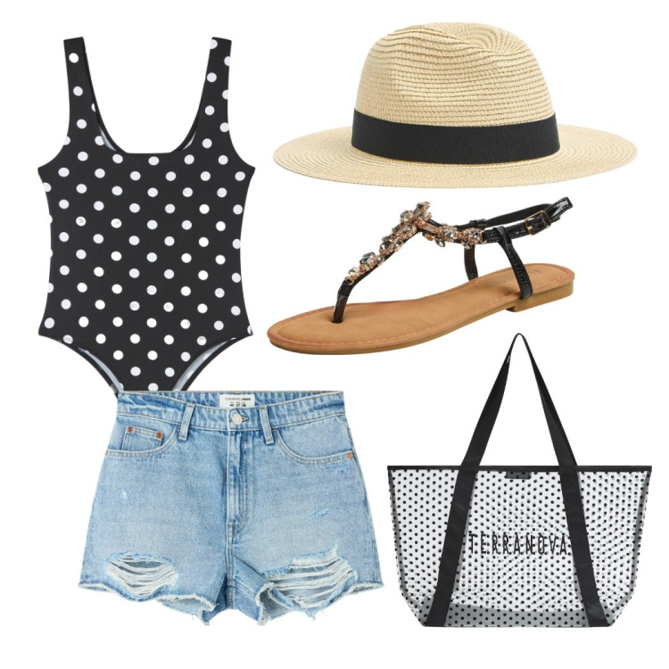 Outfit donna - Tutto il necessario. Stile Basic per Tutti i giorni. Abbinamento con cappelli, shorts, body, shopping bag, sandali gioiello.
