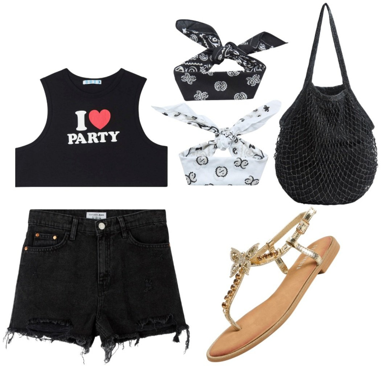 Outfit donna - E party sia. Stile Basic per Serata fuori. Abbinamento con shorts, canottiere, sandali gioiello, borse a tracolla, fasce per capelli.