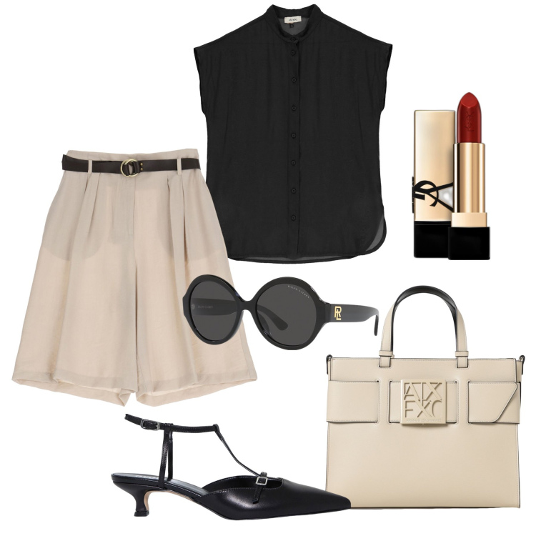 Outfit donna - Ufficio estivo bon ton in bermuda. Stile Bon Ton per Ufficio. Abbinamento con rossetti, occhiali da sole, bermuda, sandali col tacco, camicie, borse a mano.