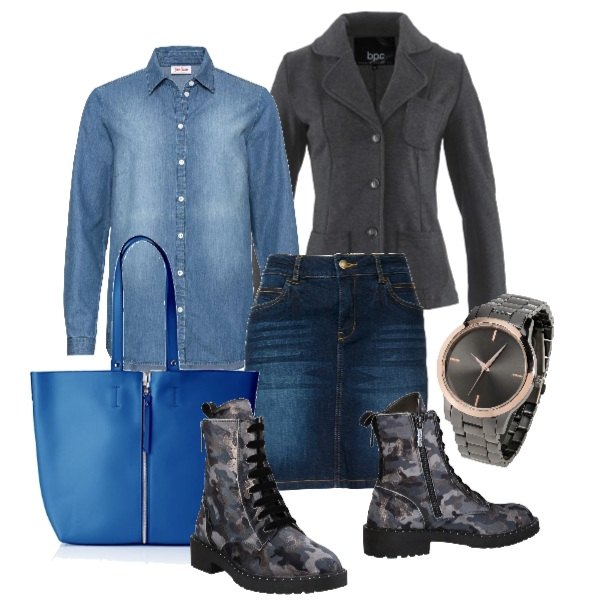 Outfit donna - Anfibi. Stile Trendy per Tutti i giorni. Abbinamento con gonne, blazer, camicia a maniche lunghe in denim blu, orologio in oro rosa grigio, stivaletti fantasia effetto laminato con tacco squadrato interno foderato con punta tonda in velluto, shopping bag blu.