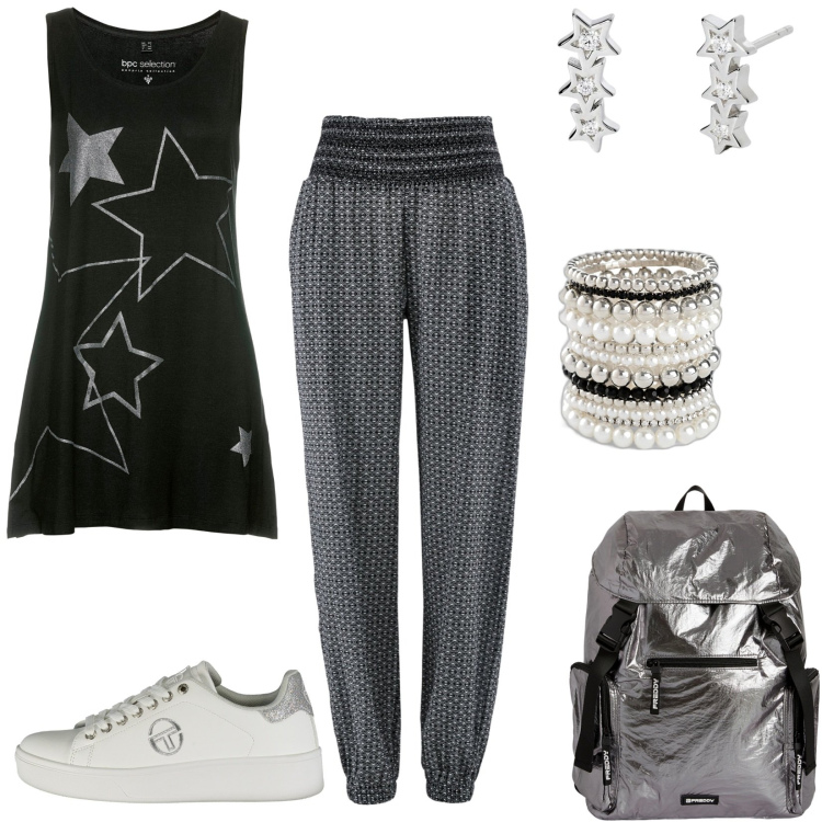Outfit donna - Sportivamente chic in bianco e nero. Stile Sporty chic per Tutti i giorni. Abbinamento con braccialetti, top, pantaloni, orecchini, zaini, scarpe sportive.