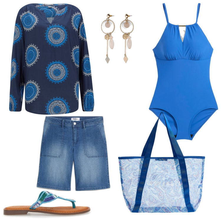 Outfit donna - Bluette come il mare. Stile Etnico per Mare. Abbinamento con orecchini, tuniche, bermuda, costumi interi, shopping bag, ciabatte.