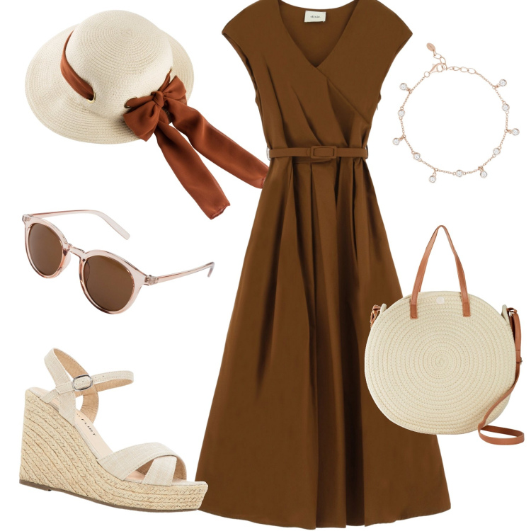 Outfit donna - Stile retro’. Stile 70s per Tutti i giorni. Abbinamento con occhiali da sole, sandali, cappelli, borse a tracolla, braccialetti, vestiti lunghi.