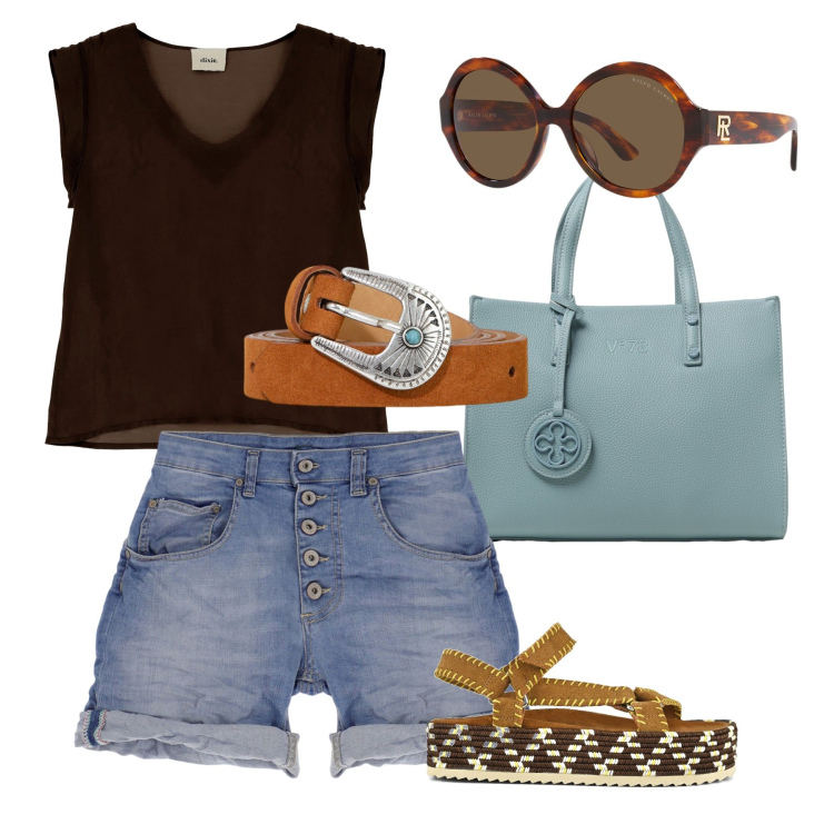 Outfit donna - Accessori estivi. Stile Casual chic per Tutti i giorni. Abbinamento con shorts, canottiere, cinture, occhiali da sole, sandali, borse tote.