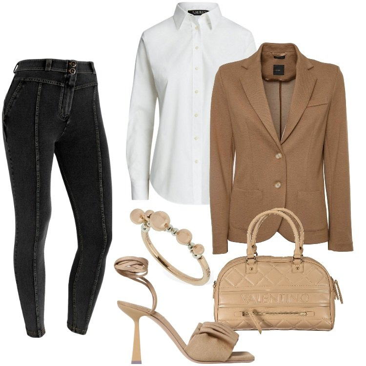 Outfit donna - Total look #1933192. Stile Sporty chic per Ufficio. Abbinamento con jeggings, camicie, collane, blazer, anelli, sandali col tacco.
