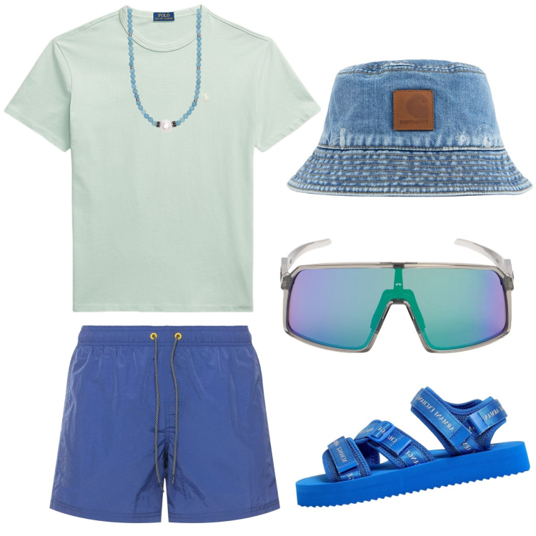 Outfit uomo - Festival -occhiali da sole. Stile Casual per Mare. Abbinamento con collane, t-shirt, occhiali da sole, shorts, sandali, cappelli.