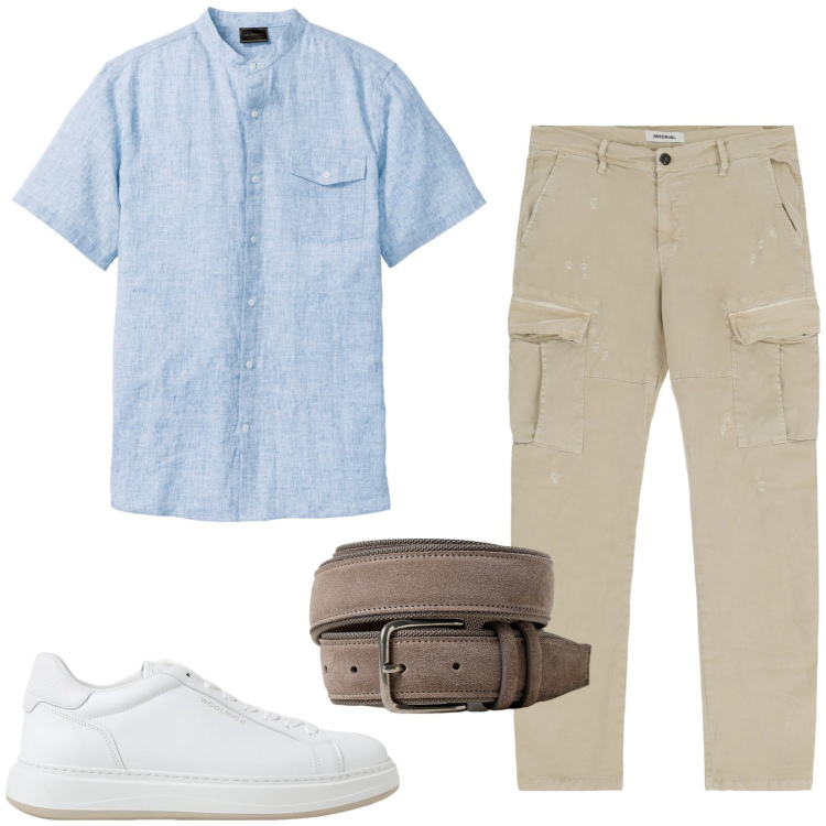 Outfit uomo - Casual in città. Stile Casual per Tutti i giorni. Abbinamento con camicie a manica corta, pantaloni cargo, cinture, sneakers.