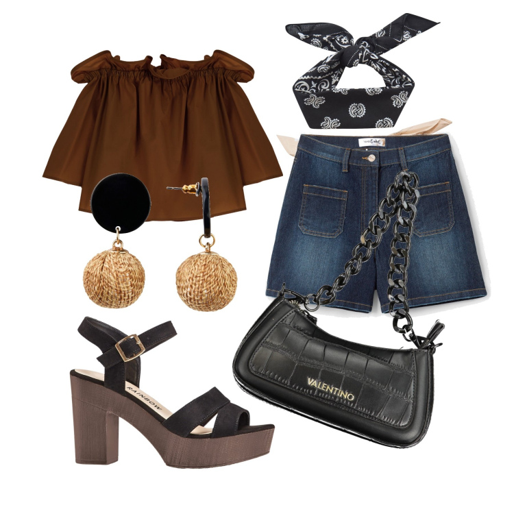 Outfit donna - Ghost outfitter - agosto. Stile Boho per Tutti i giorni. Abbinamento con orecchini, sandali col tacco, shorts, fasce per capelli, bluse, borse a spalla.