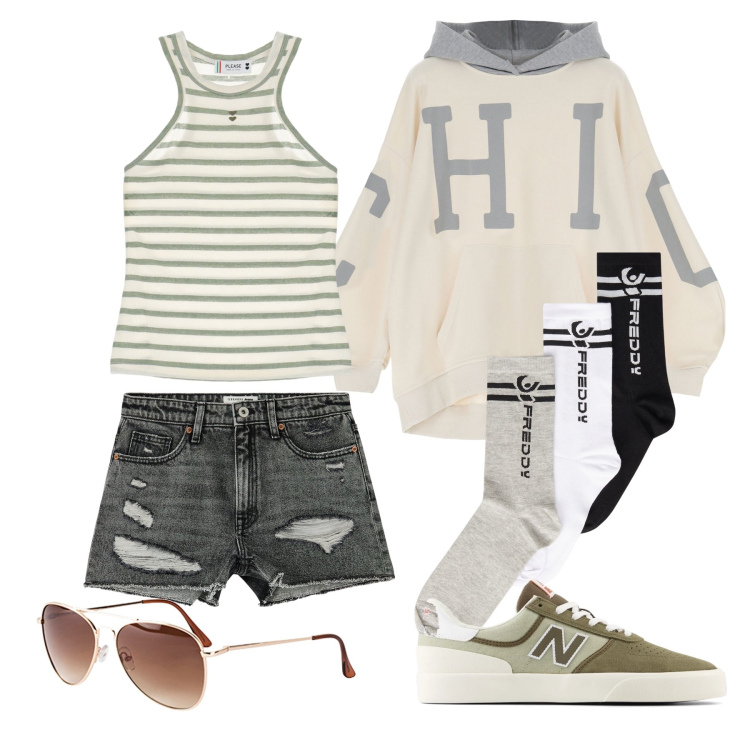 Outfit donna - Ghost outfitter - agosto. Stile Casual per Sport. Abbinamento con occhiali da sole, shorts, sneakers, top, felpe con cappuccio, calzini.