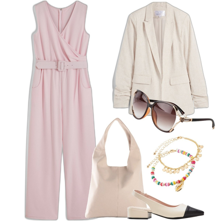 Outfit donna - Summer essential. Stile Casual chic per Tutti i giorni. Abbinamento con décolleté, occhiali da sole, tute, blazer, shopping bag, braccialetti con ciondoli.