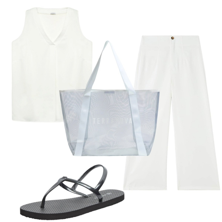 Outfit donna - Total look #1933241. Stile Minimal per Tutti i giorni. Abbinamento con sandali, shopping bag, pantaloni, top.