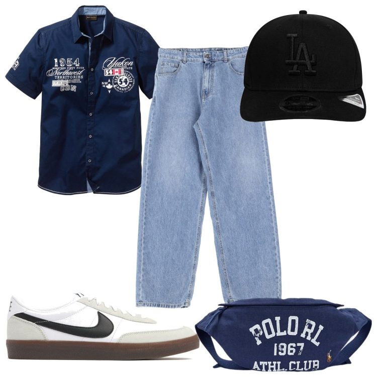 Outfit uomo - Stile casual in jeans. Stile Casual per Tutti i giorni. Abbinamento con camicie a manica corta, jeans, borse sportive, sneakers, cappelli con visiera.
