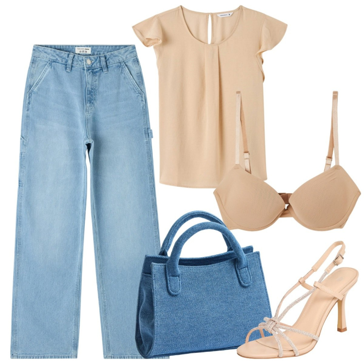Outfit donna - Vacanze in riviera. Stile Basic per Tutti i giorni. Abbinamento con bluse, jeans, sandali col tacco, borse a tracolla, reggiseni push-up.