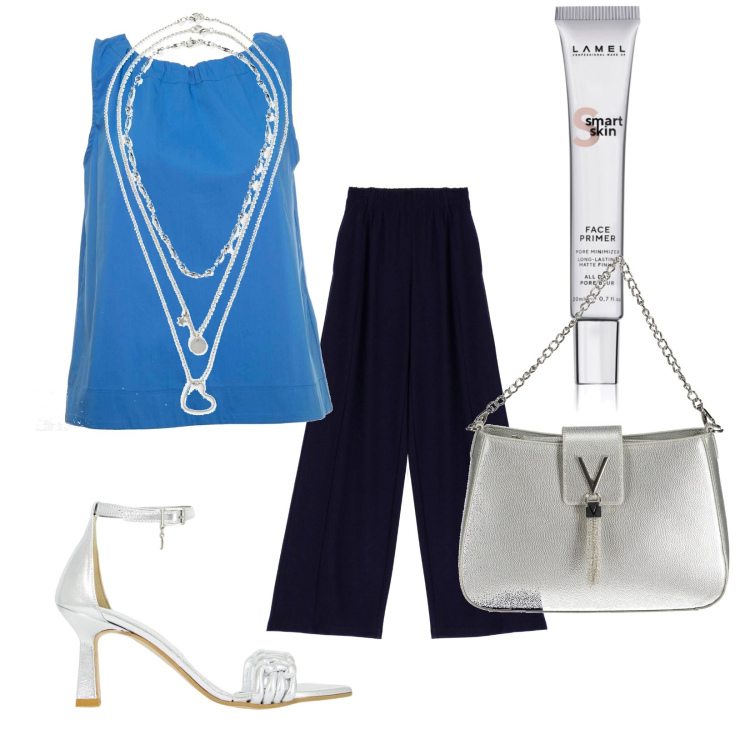 Outfit donna - Collana 3 pezzi. Stile Casual chic per Serata fuori. Abbinamento con collane, primer, décolleté, pantaloni a palazzo, top, borse a spalla.