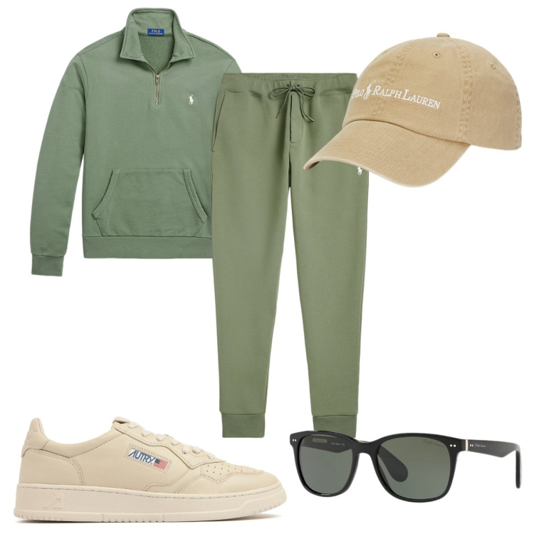 Outfit uomo - Verde salvia + color sabbia e sei trendy. Stile Trendy per Sport. Abbinamento con felpe, occhiali da sole, pantaloni, cappelli, sneakers.
