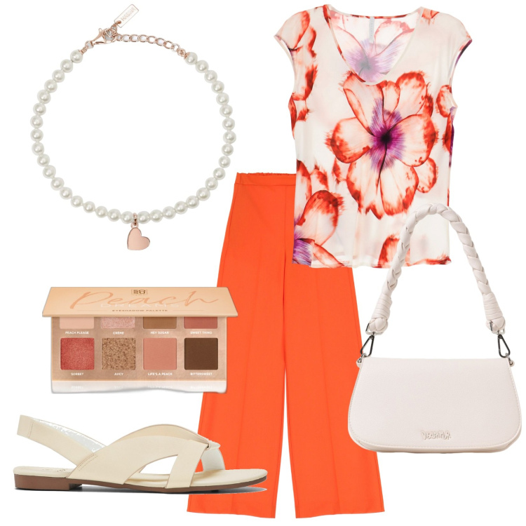 Outfit donna - Bracciale OneLove. Stile Casual chic per Tutti i giorni. Abbinamento con sandali, ombretti, braccialetti, canottiere, pantaloni a palazzo, borse a spalla.