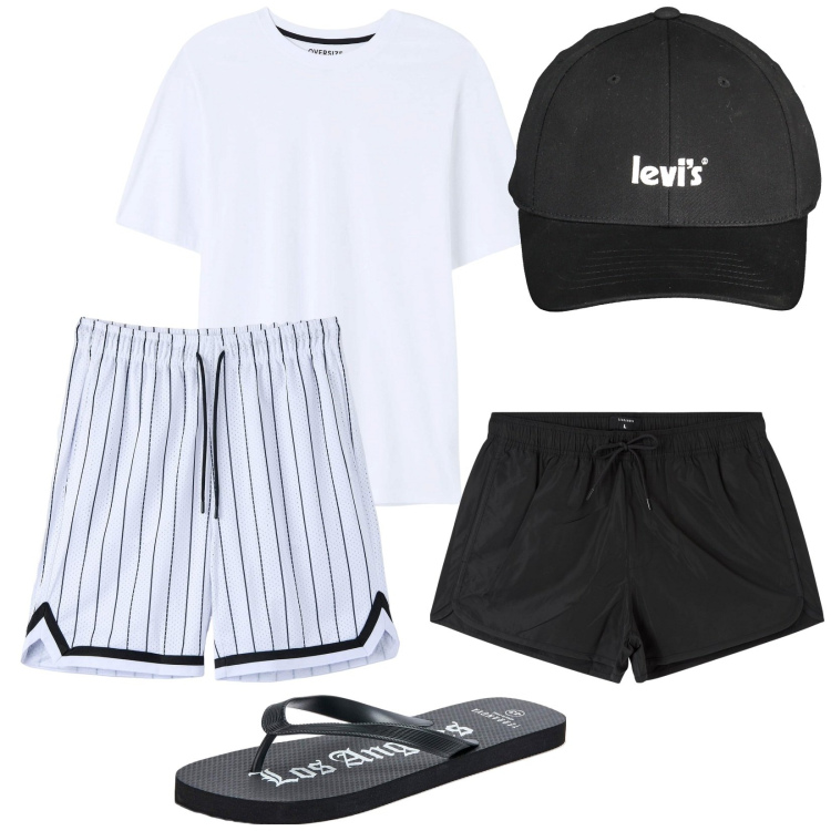 Outfit uomo - Total look #1933264. Stile Casual per Mare. Abbinamento con costumi, bermuda, t-shirt, sandali, cappelli con visiera.