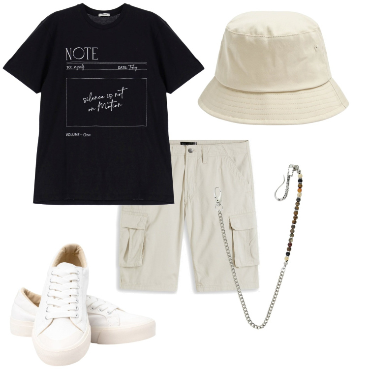 Outfit uomo - Agosto in città. Stile Casual per Tutti i giorni. Abbinamento con bermuda, cappelli, collane, t-shirt, sneakers.