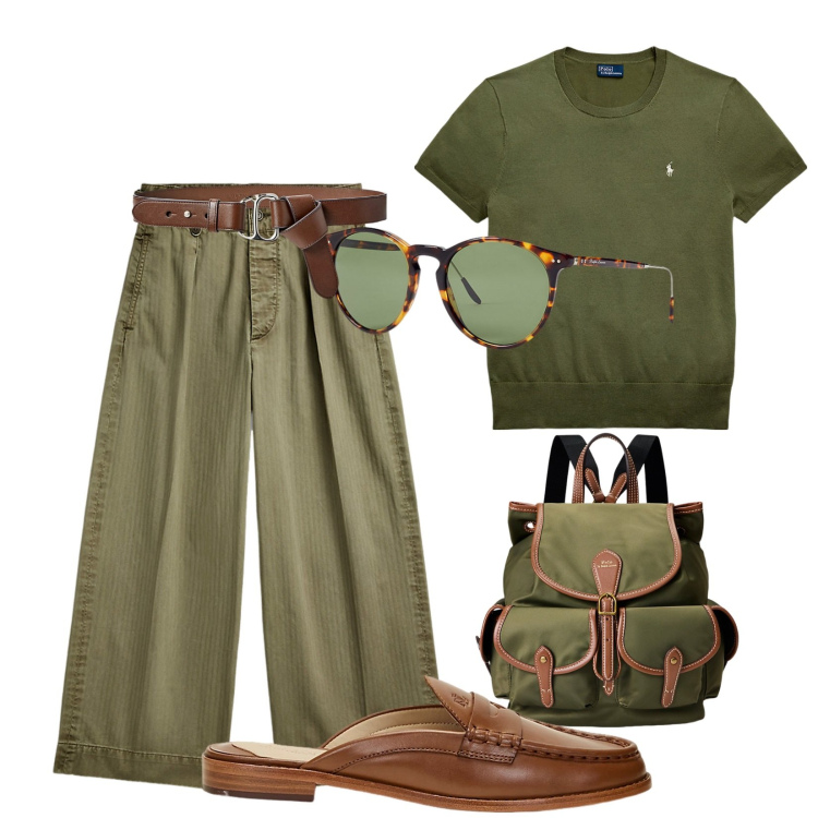 Outfit donna - Pronta per le vacanze. Stile Sporty chic per Tutti i giorni. Abbinamento con pantaloni, maglieria, zaini, mocassini, occhiali da sole, cinture.