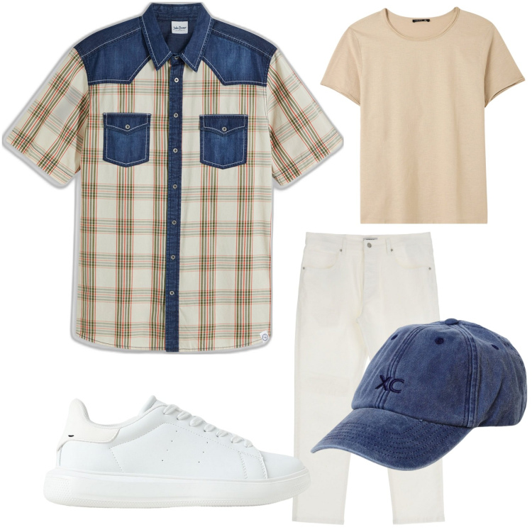 Outfit uomo - Dettagli in denim. Stile Trendy per Tutti i giorni. Abbinamento con camicie a manica corta, pantaloni, t-shirt, cappelli, sneakers.