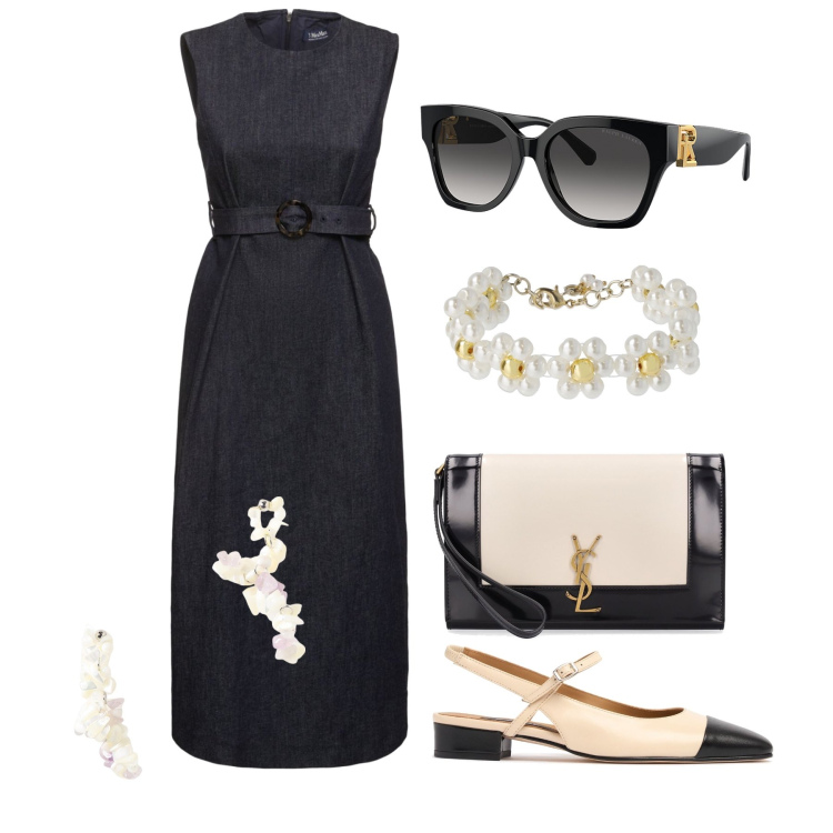 Outfit donna - Ghost outfitter - agosto. Stile Chic per Tutti i giorni. Abbinamento con occhiali da sole, vestiti midi/longuette, décolleté, pochette, braccialetti, orecchini.