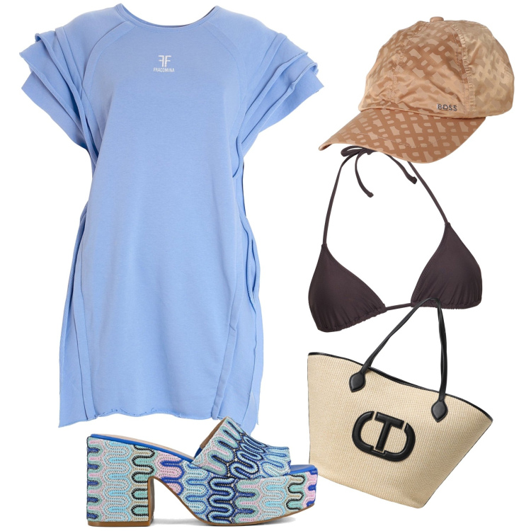 Outfit donna - Playa. Stile Glamour per Mare. Abbinamento con vestiti chemisier, sabot, borse tote, bikini, cappelli.