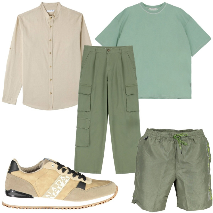 Outfit uomo - Total look #1933322. Stile Trendy per Sport. Abbinamento con camicie, t-shirt, pantaloni cargo, costumi, scarpe sportive.