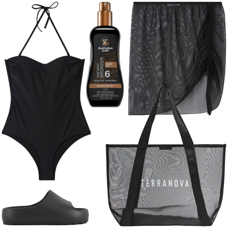 Outfit donna - La gonna copricostume. Stile Basic per Mare. Abbinamento con terre, costumi interi, vestiti da spiaggia, shopping bag, ciabatte.