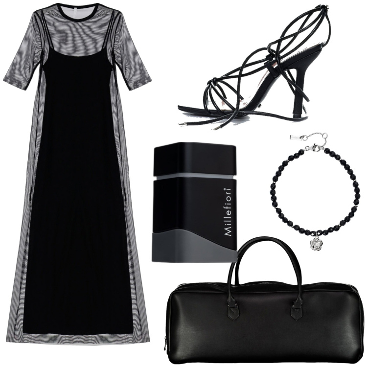 Outfit donna - Serata a teatro. Stile Glamour per Serata fuori. Abbinamento con profumi, braccialetti, sandali alla schiava, vestiti midi/longuette, borse a mano.