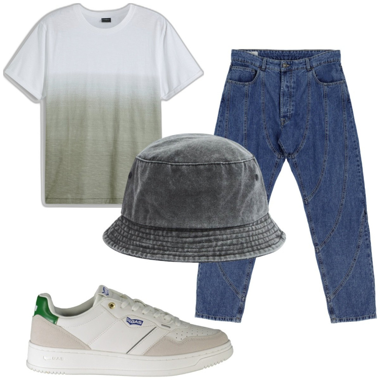 Outfit uomo - Total look #1933333. Stile Trendy per Tutti i giorni. Abbinamento con t-shirt, cappelli, jeans dritti, sneakers.
